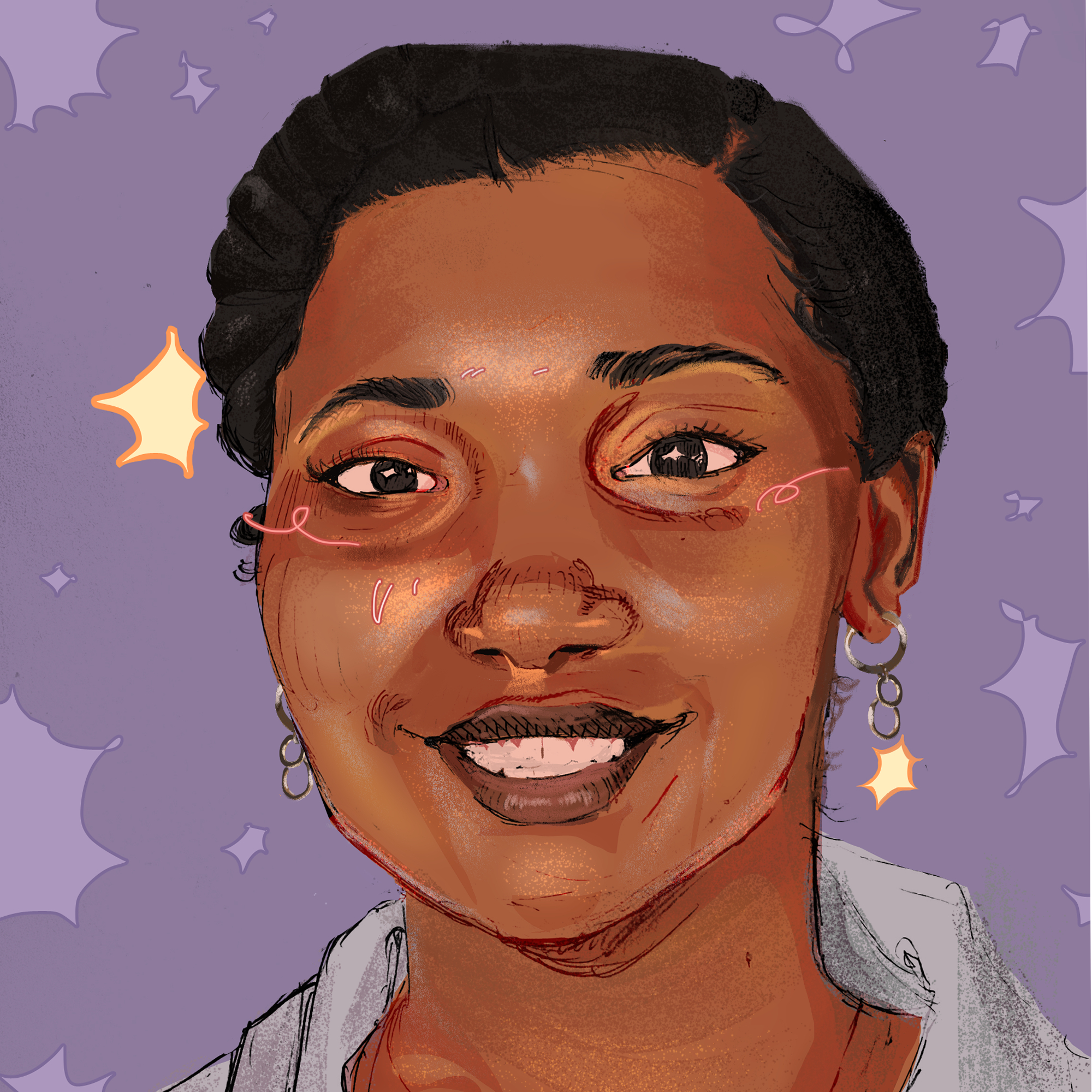 An illustrated portrait of Marissa Lacey. She is looking forward while smiling.