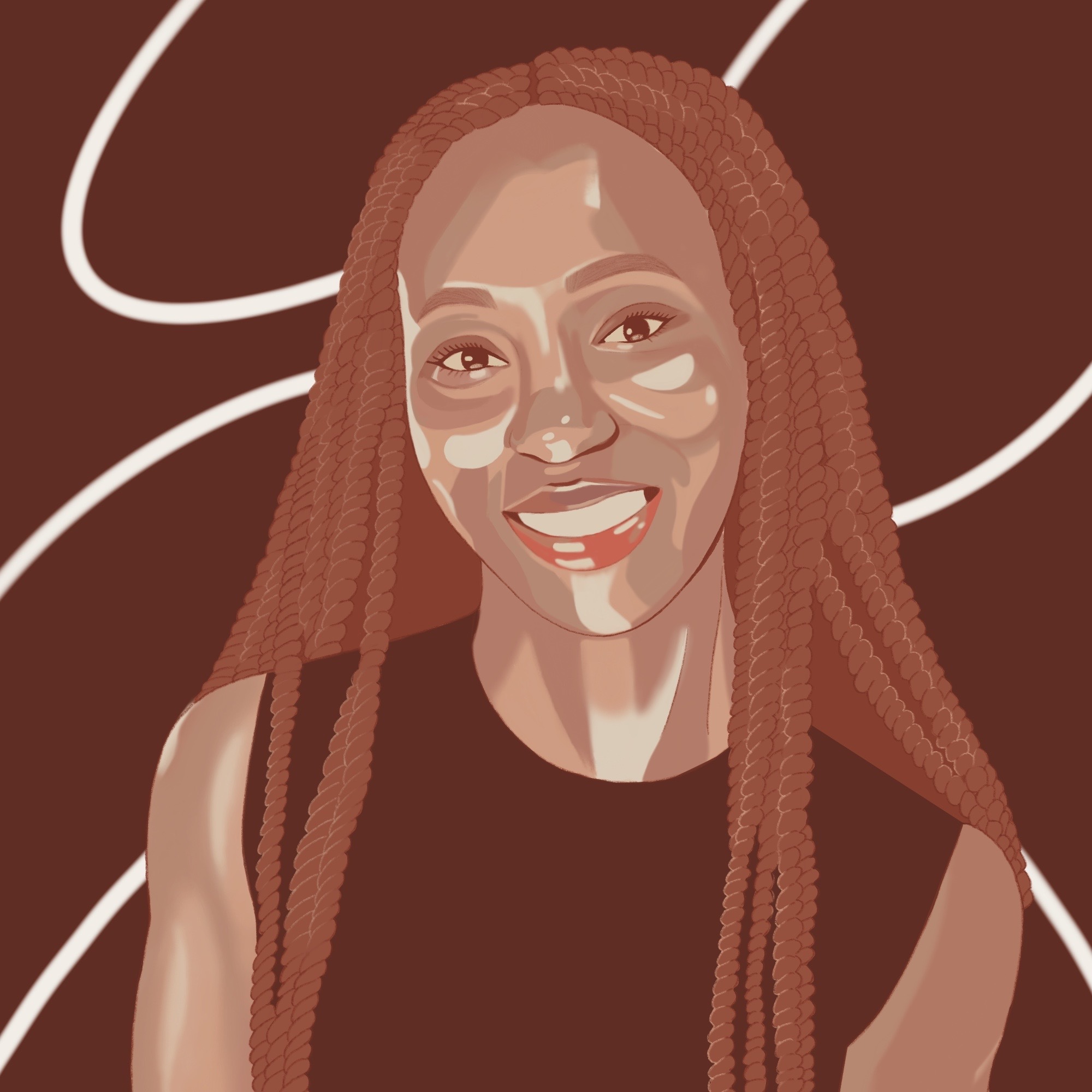 An illustrated portrait of Tekella Foster. She is looking forward while smiling.