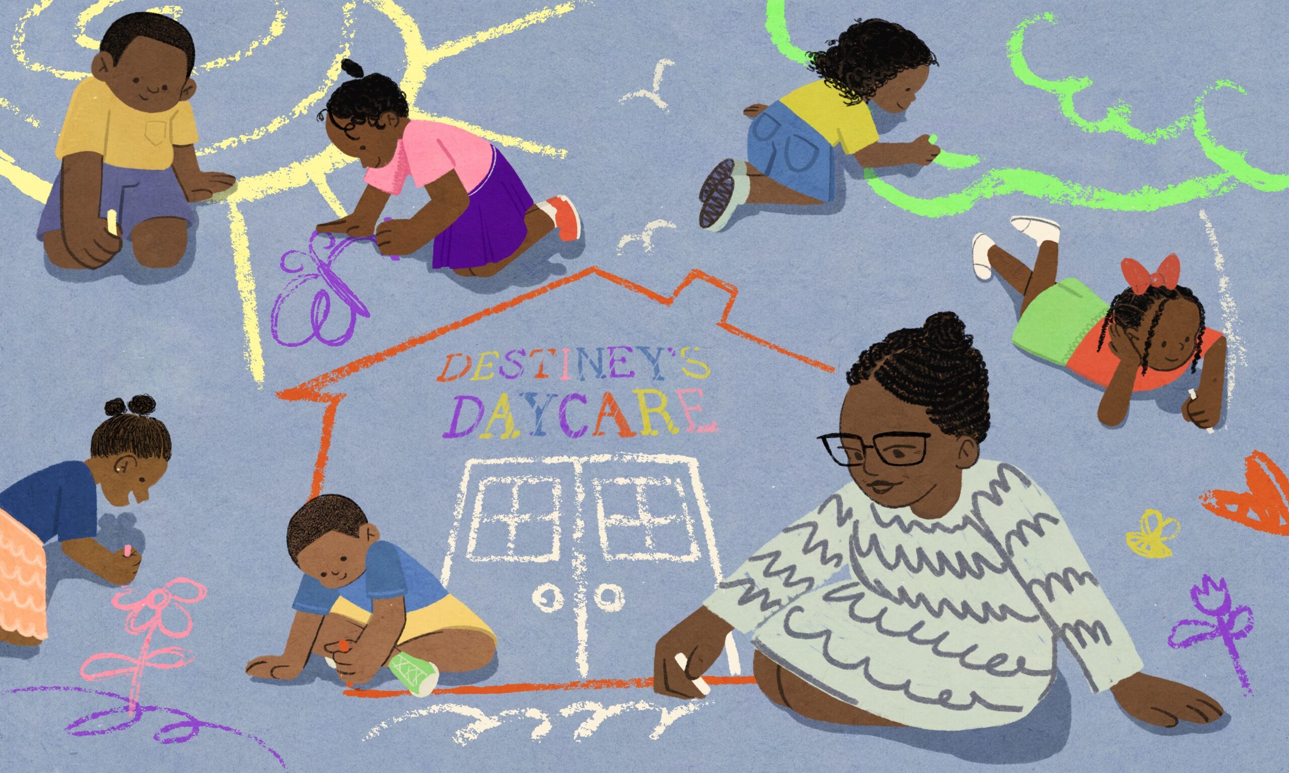 Deborah Holmes and six young children are happily drawing “Destiney’s Daycare,” a flower, a bright sun, a butterfly, and a tree together on the ground using chalk.
